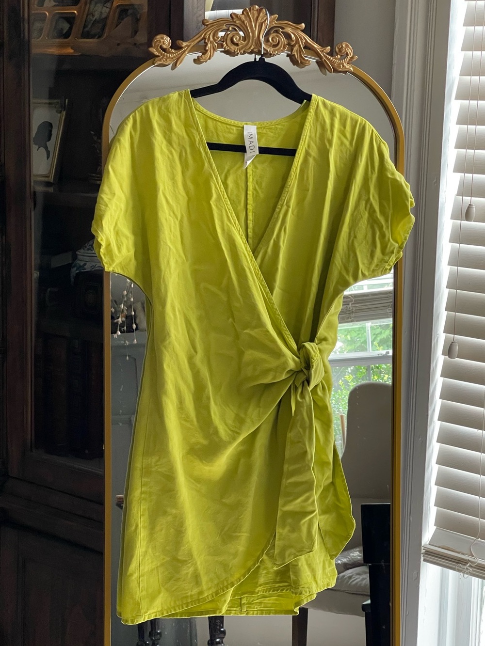 Anthropologie AMADI Chartreuse Side Tie Wrap Mini Dress